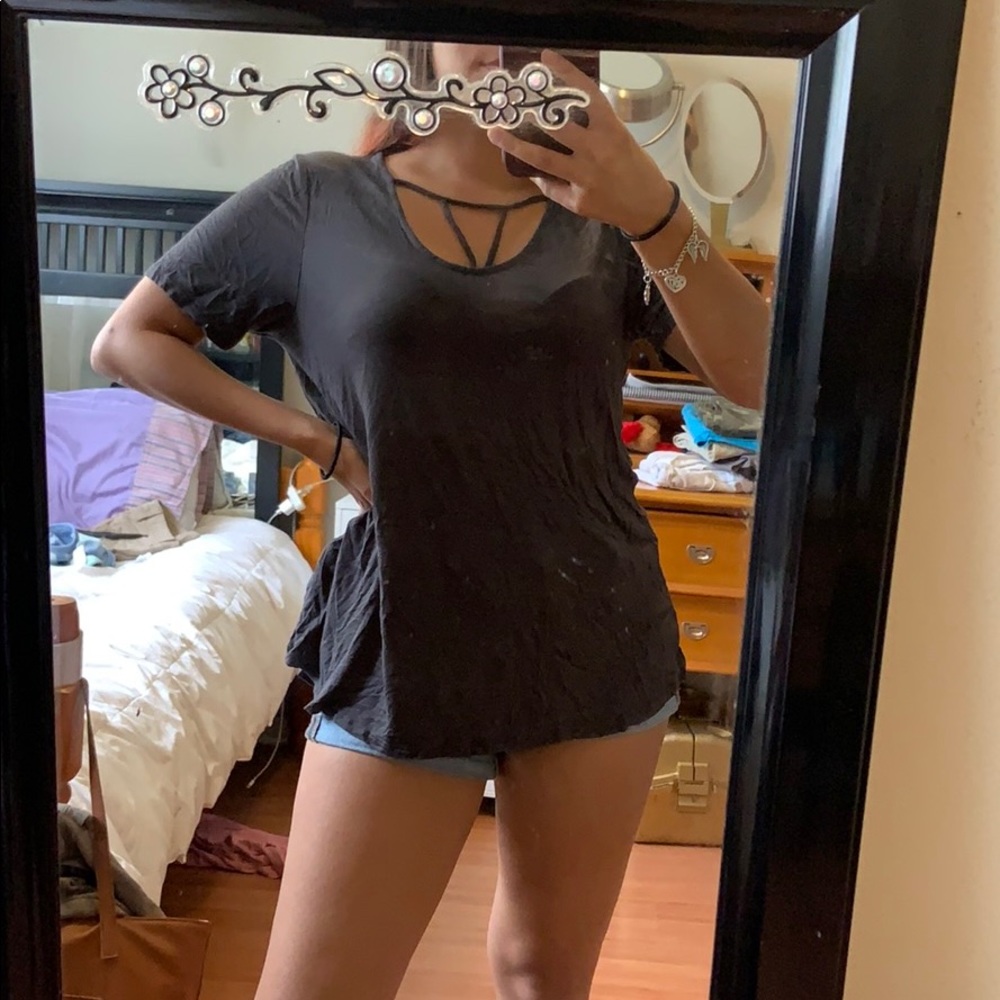 A dark gray blouse